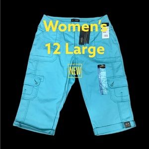 Women's Lee 12 Large Capri Skimmer Cargo Shorts Pants Jeans Sky Blue Stretch NWT